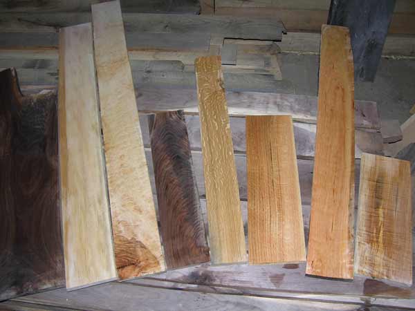 Sampling of lumber. Walnut, figured maple, Coffee tree